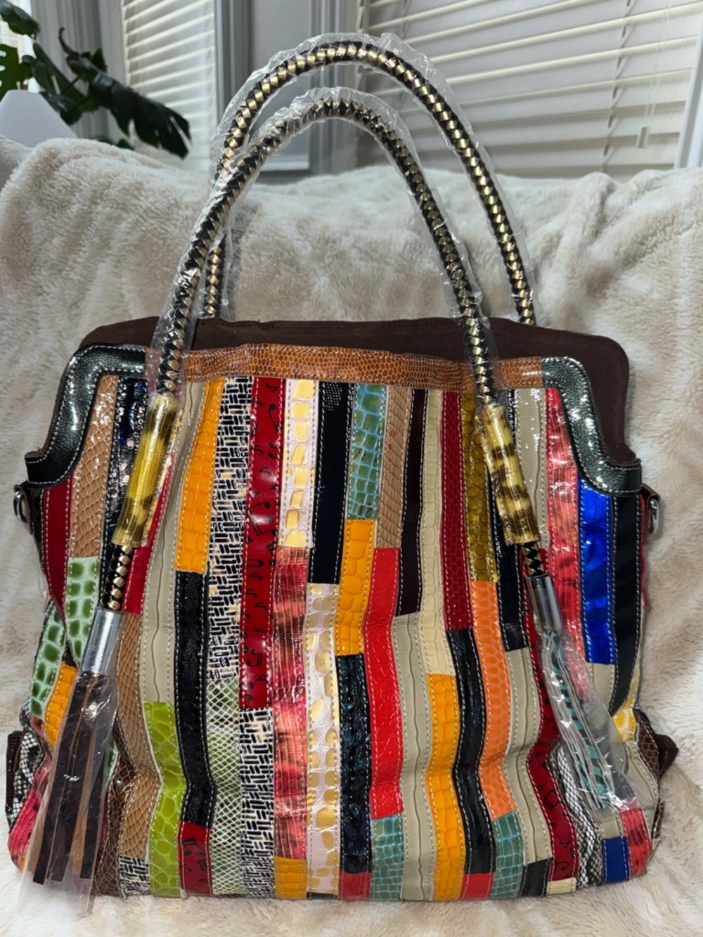 Multicolor Patchwork Oversized Leather Tote Bag  Women's Striped Handbag NWOT